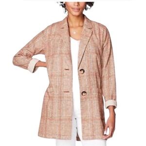 J. Jill Harper Relaxed Jacket Medium Petite Linen Cotton Henna Plaid Lagenlook